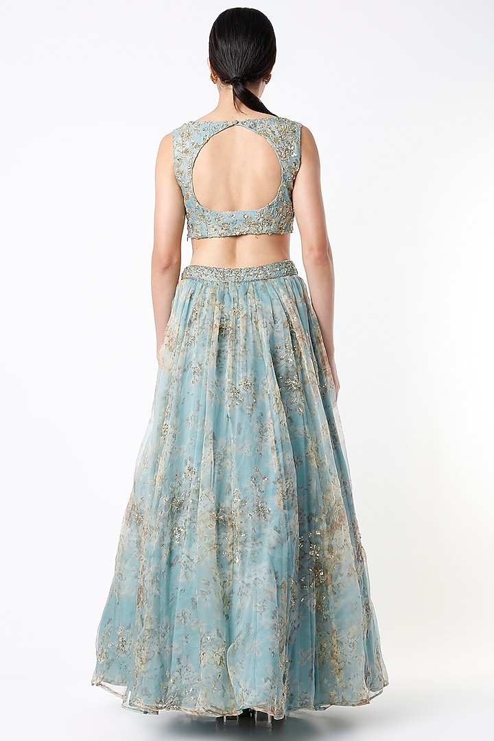 Mint Chiffon & Organza Floral Printed Wedding Lehenga Set by Astha Narang at Pernia's Pop Up Shop