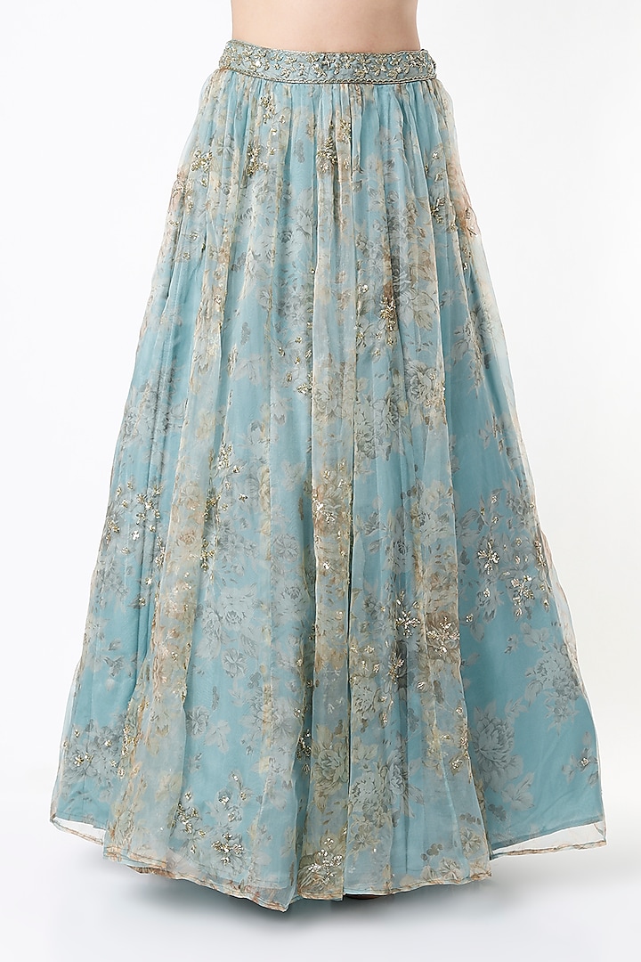 Mint Chiffon & Organza Floral Printed Wedding Lehenga Set by Astha Narang at Pernia's Pop Up Shop