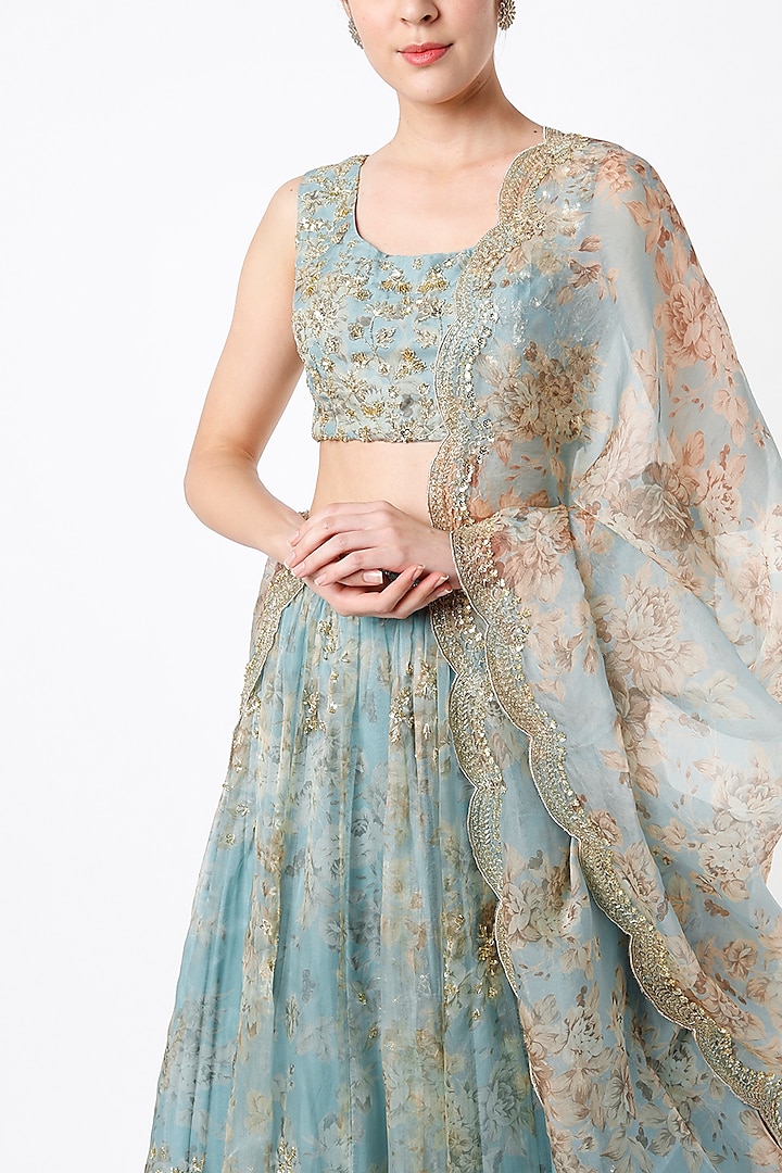 Mint Chiffon & Organza Floral Printed Wedding Lehenga Set by Astha Narang at Pernia's Pop Up Shop