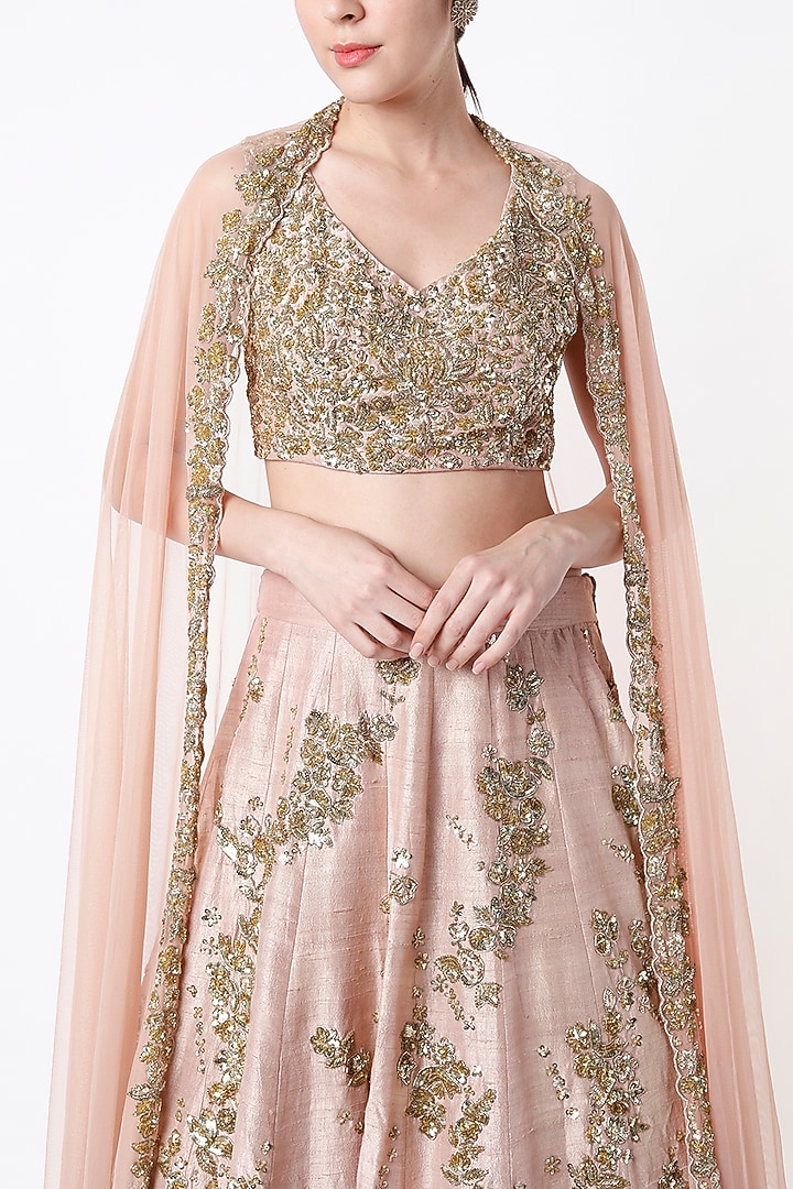Blush Pink Raw Silk & Crepe Jaal Embroidered Bridal Lehenga Set by Astha Narang at Pernia's Pop Up Shop