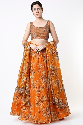 Orange Georgette Crepe Floral Printed Wedding Lehenga Set by Astha Narang at Pernia's Pop Up Shop