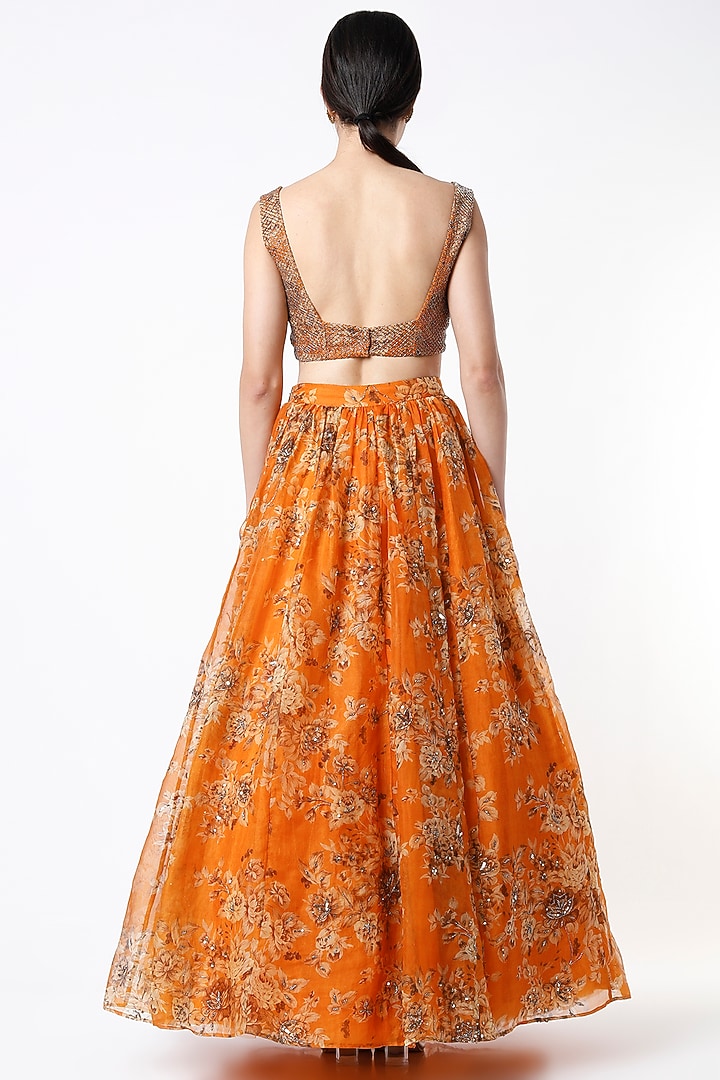 Orange Georgette Crepe Floral Printed Wedding Lehenga Set by Astha Narang at Pernia's Pop Up Shop
