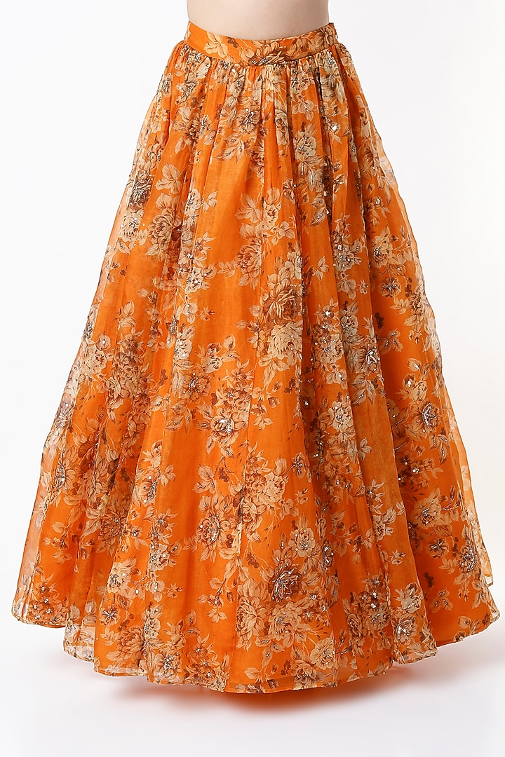 Orange Georgette Crepe Floral Printed Wedding Lehenga Set by Astha Narang at Pernia's Pop Up Shop