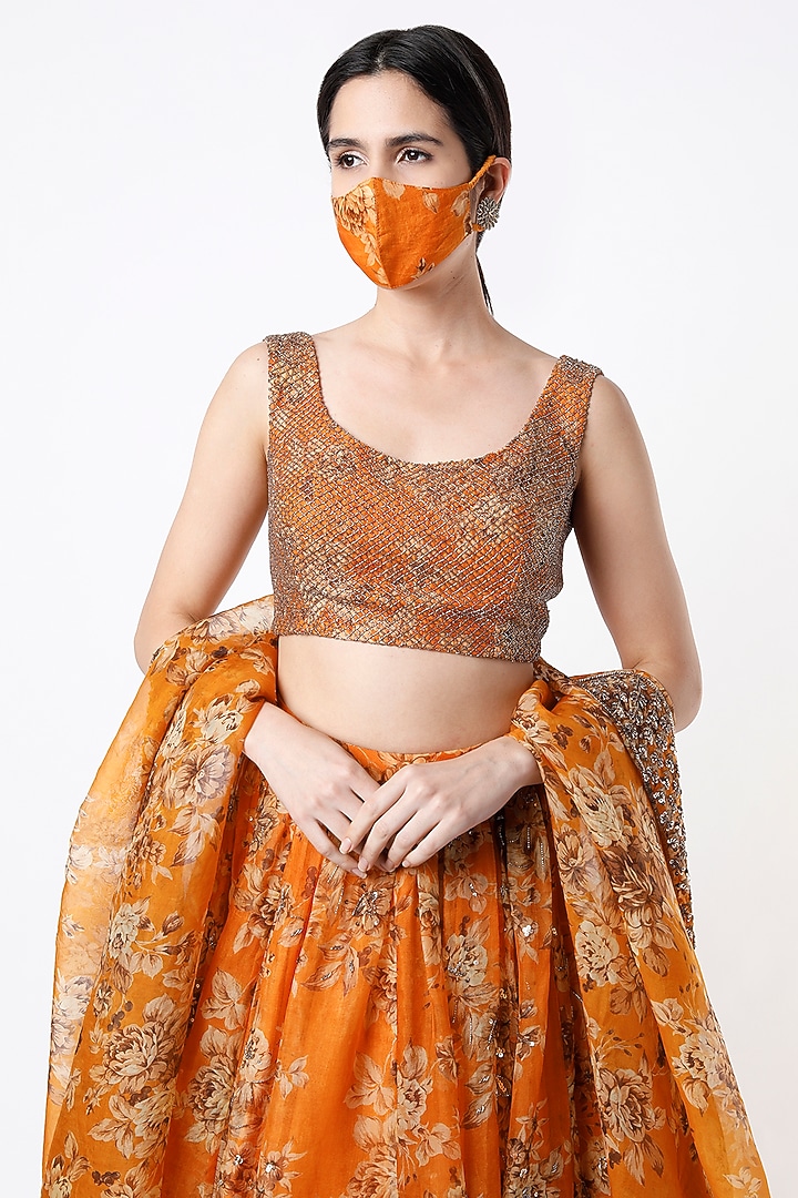 Orange Georgette Crepe Floral Printed Wedding Lehenga Set by Astha Narang at Pernia's Pop Up Shop