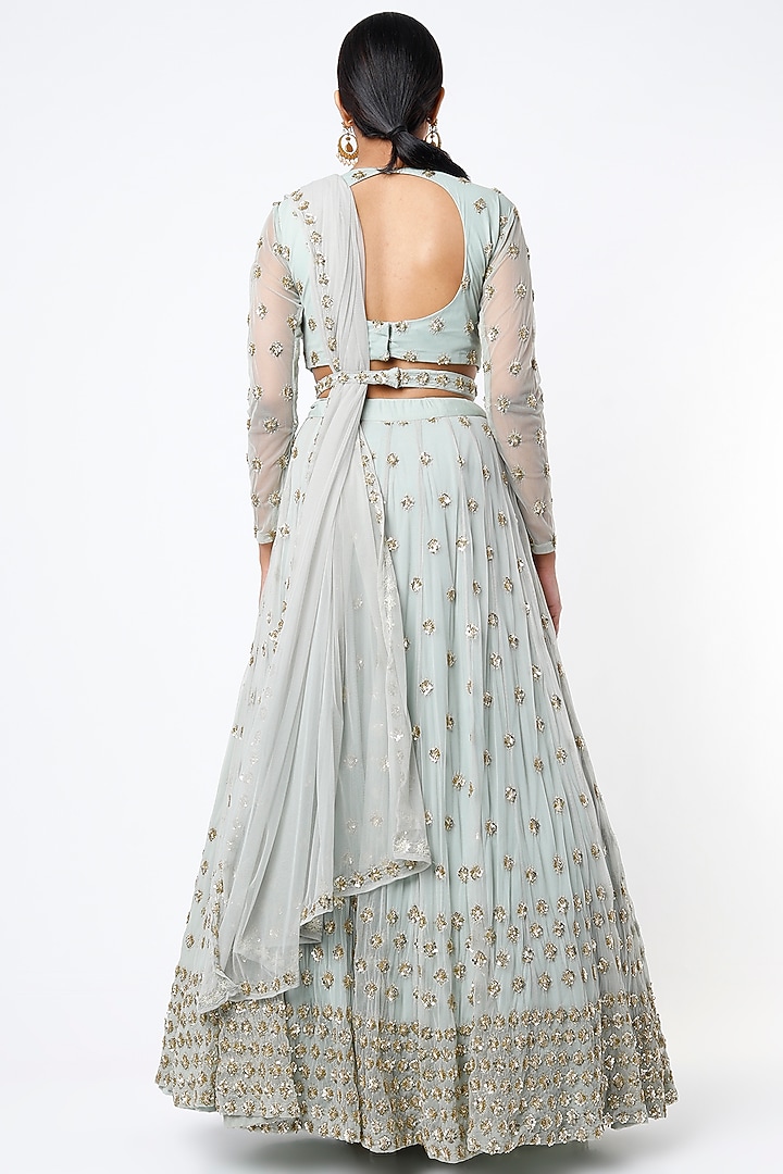 Powder Blue Net & Crepe Shimmer Wedding Lehenga Set by Astha Narang at Pernia's Pop Up Shop