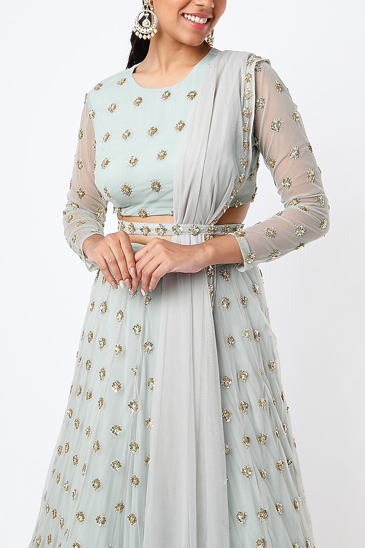 Powder Blue Net & Crepe Shimmer Wedding Lehenga Set by Astha Narang at Pernia's Pop Up Shop