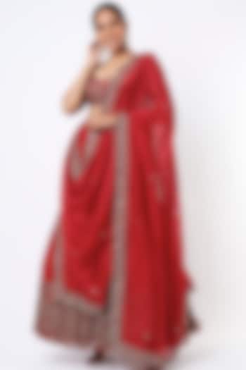 Fiery Red Embroidered Lehenga Set by Astha Narang