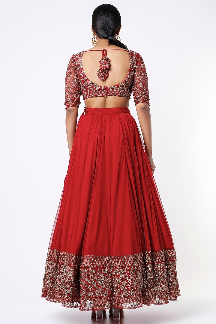 Fiery Red Net & Crepe Embroidered Wedding Lehenga Set by Astha Narang at Pernia's Pop Up Shop