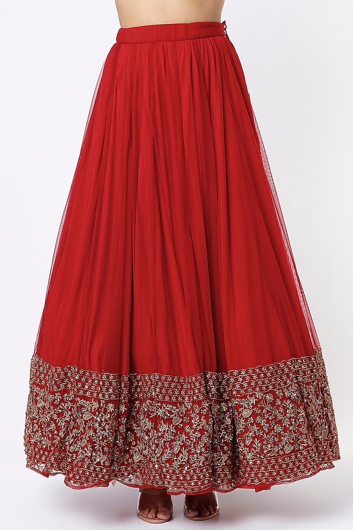 Fiery Red Net & Crepe Embroidered Wedding Lehenga Set by Astha Narang at Pernia's Pop Up Shop