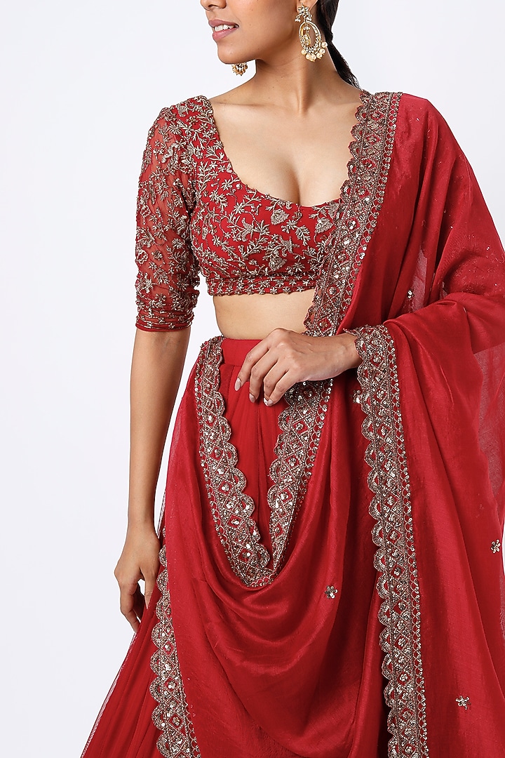 Fiery Red Net & Crepe Embroidered Wedding Lehenga Set by Astha Narang at Pernia's Pop Up Shop