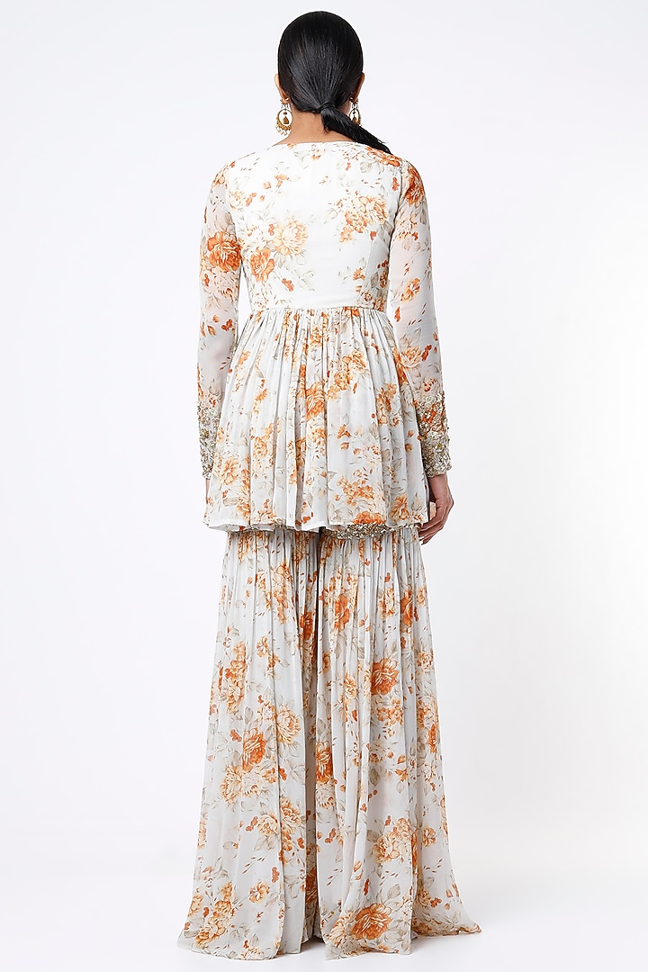 White Floral Printed Wedding Sharara Set With Belt by Astha Narang at Pernia's Pop Up Shop