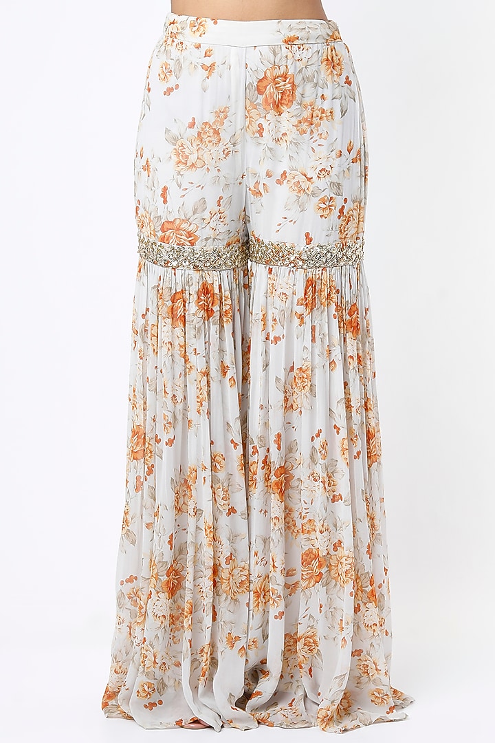 White Floral Printed Wedding Sharara Set With Belt by Astha Narang at Pernia's Pop Up Shop
