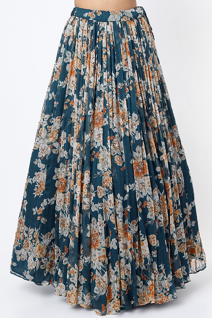 Teal Blue Chiffon & Organza Floral Printed Shimmer Wedding Lehenga Set by Astha Narang at Pernia's Pop Up Shop