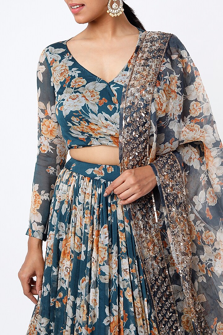 Teal Blue Chiffon & Organza Floral Printed Shimmer Wedding Lehenga Set by Astha Narang at Pernia's Pop Up Shop