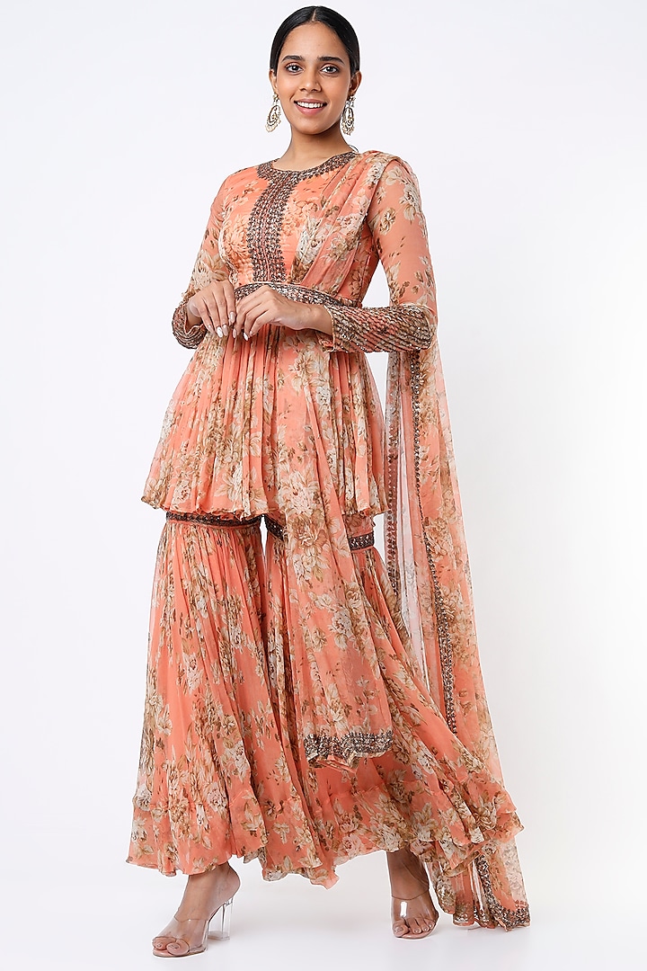 Coral Floral Sharara Set by Astha Narang