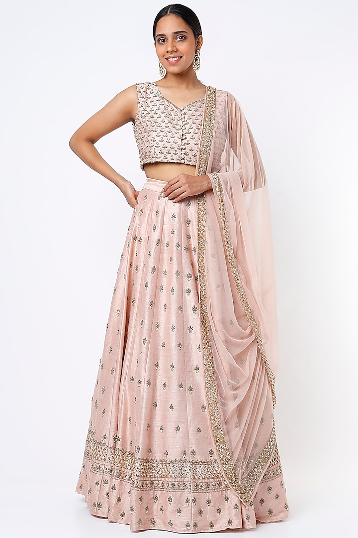 Blush Pink Raw Silk & Net Boota Embroidered Lehenga Set by Astha Narang