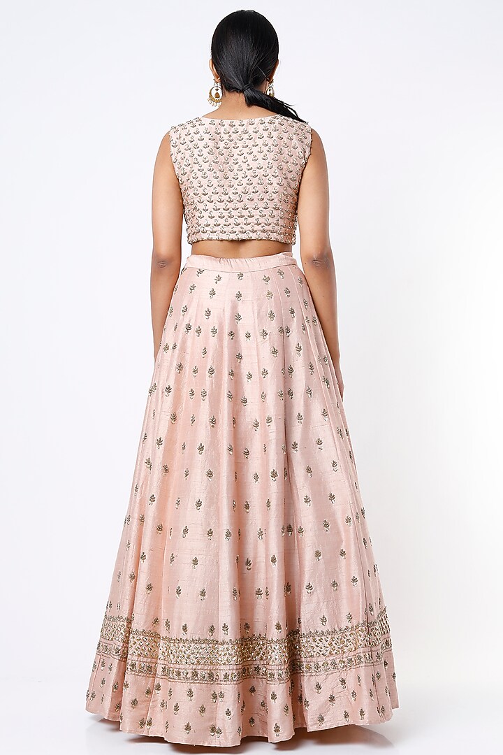 Blush Pink Raw Silk & Net Boota Embroidered Wedding Lehenga Set by Astha Narang at Pernia's Pop Up Shop
