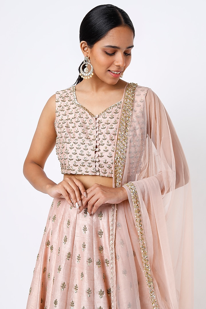 Blush Pink Raw Silk & Net Boota Embroidered Wedding Lehenga Set by Astha Narang at Pernia's Pop Up Shop