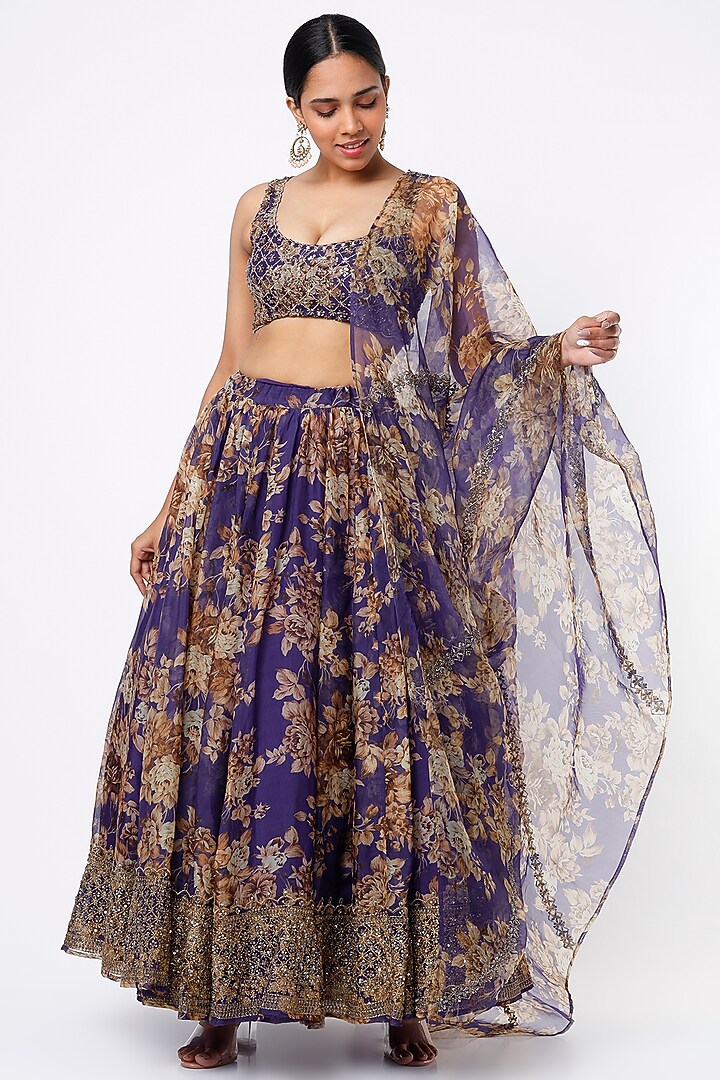 Purple Silk Organza Floral Printed Wedding Lehenga Set by Astha Narang at Pernia's Pop Up Shop