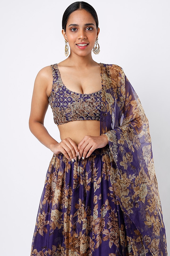 Purple Silk Organza Floral Printed Wedding Lehenga Set by Astha Narang at Pernia's Pop Up Shop