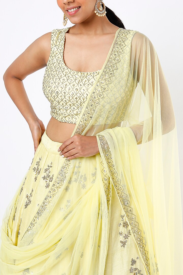 Cream Yellow Raw Silk Boota Embroidered Wedding Lehenga Set by Astha Narang at Pernia's Pop Up Shop