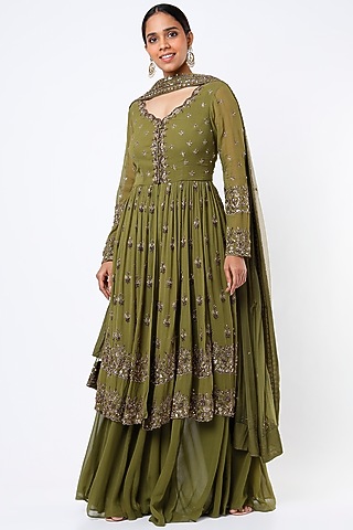 Olive Green Georgette & Crepe Jacket Set by Astha Narang