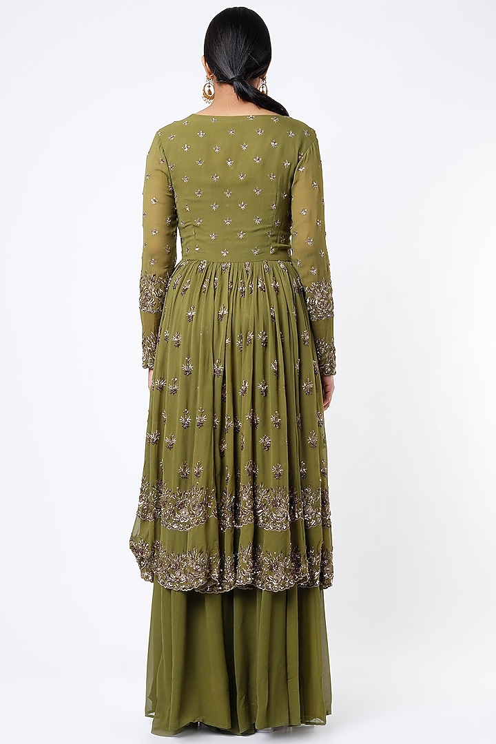 Olive Green Georgette & Crepe Jacket Set by Astha Narang at Pernia's Pop Up Shop