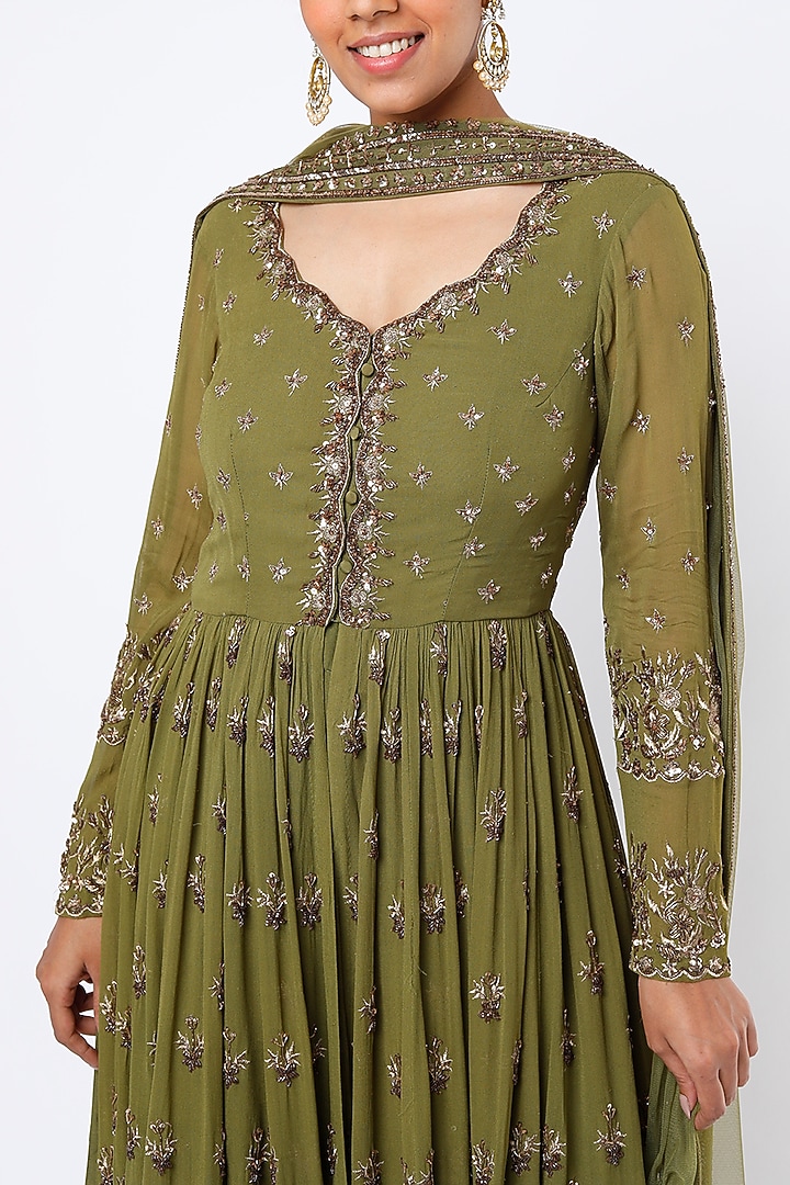 Olive Green Georgette & Crepe Jacket Set by Astha Narang at Pernia's Pop Up Shop