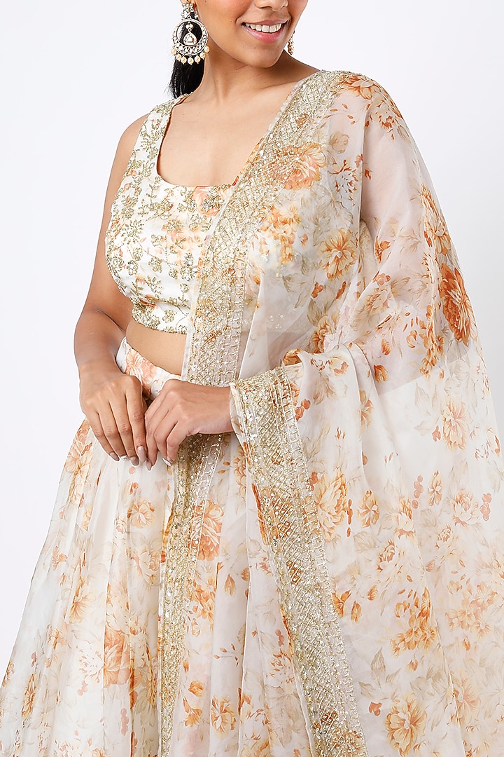 Ivory Silk Organza Floral Printed Wedding Lehenga Set by Astha Narang at Pernia's Pop Up Shop