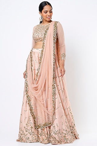 Peach Raw Silk & Net Thread Embroidered Lehenga Set by Astha Narang