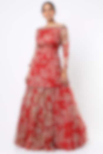 Fiery Red Silk Organza Floral Printed Wedding Lehenga Set by Astha Narang at Pernia's Pop Up Shop