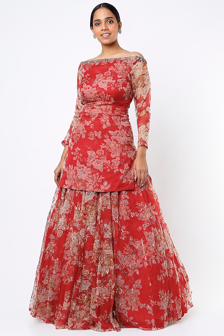 Fiery Red Silk Organza Floral Printed Lehenga Set by Astha Narang