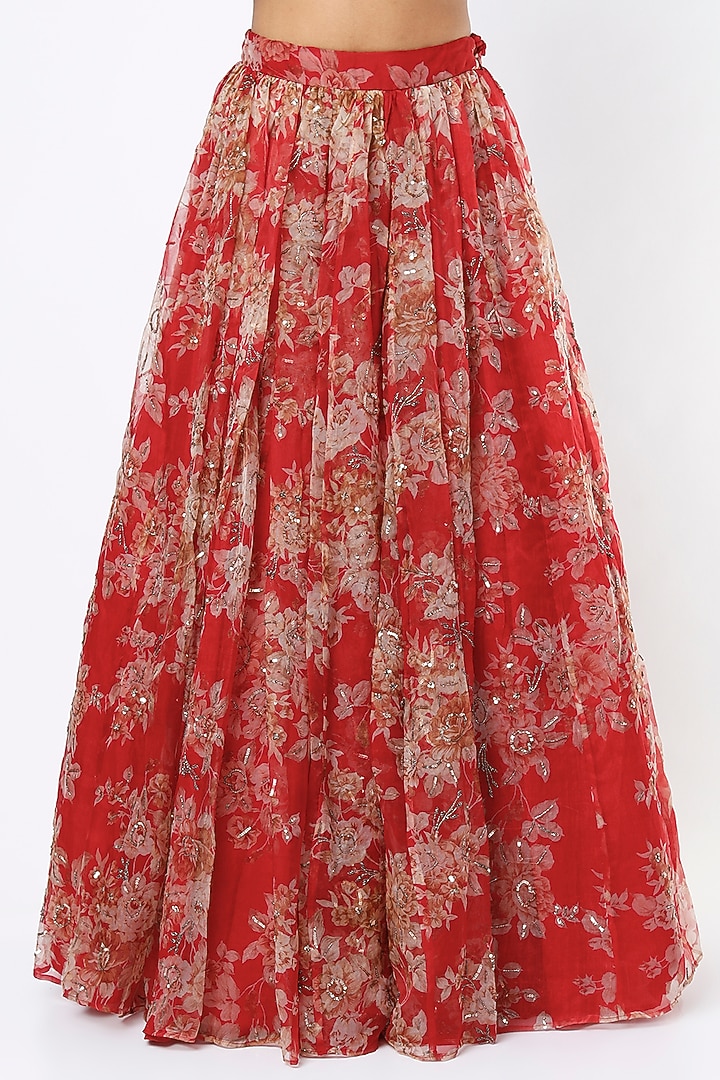 Fiery Red Silk Organza Floral Printed Wedding Lehenga Set by Astha Narang at Pernia's Pop Up Shop