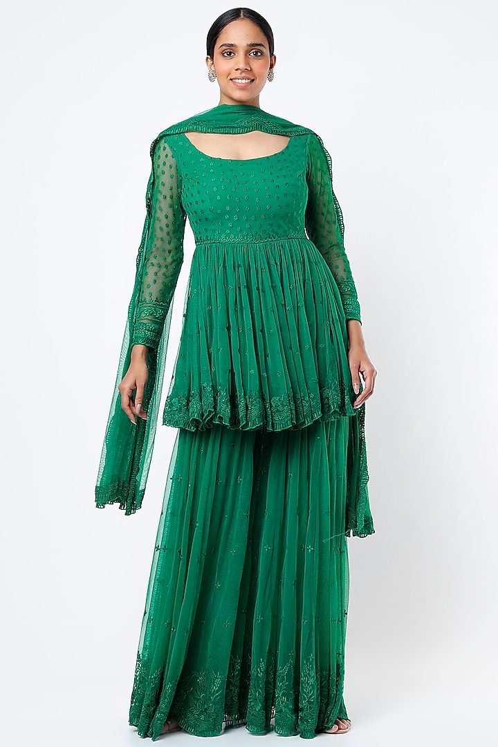 Teal Green Embroidered Sharara Set by Astha Narang