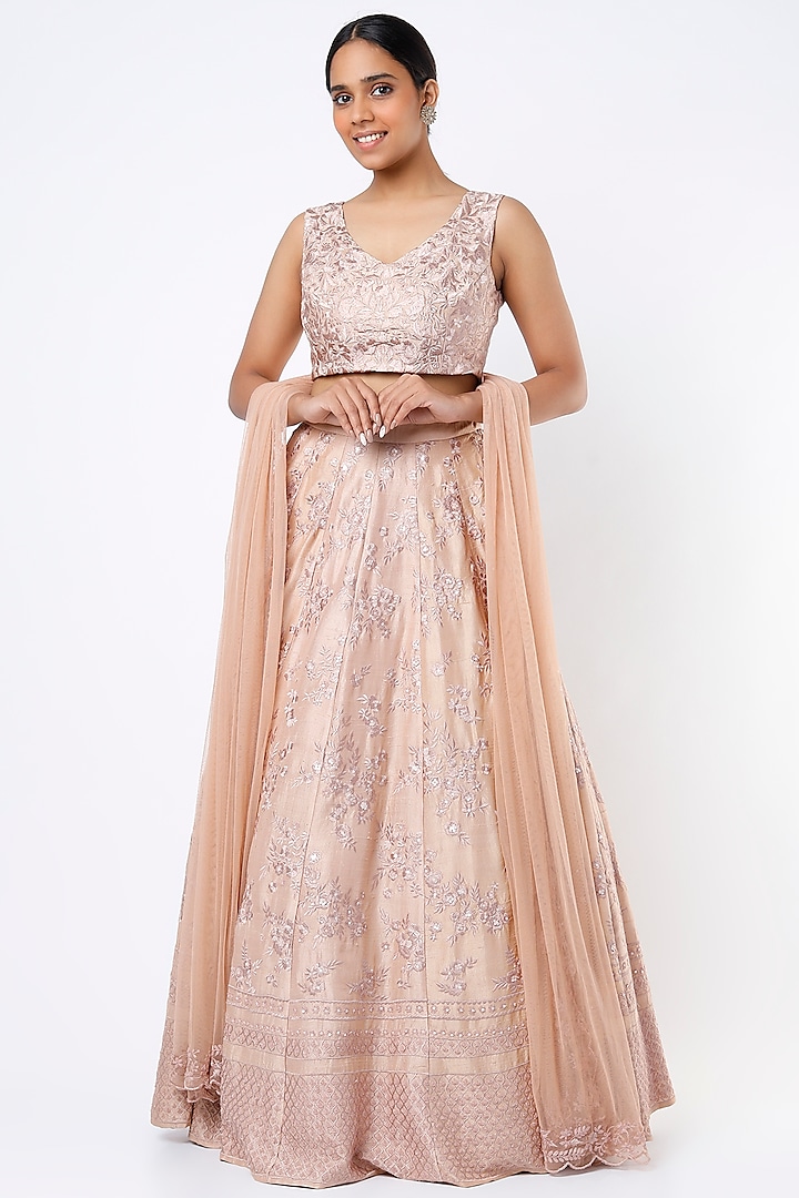 Peach Raw Silk Zardosi Embroidered Wedding Lehenga Set by Astha Narang at Pernia's Pop Up Shop
