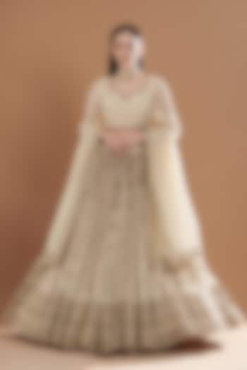 Beige Organza Silk Thread Embroidered Wedding Lehenga Set by Astha Narang at Pernia's Pop Up Shop