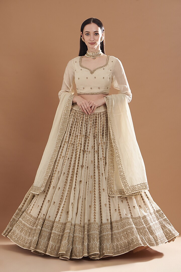 Beige Organza Silk Thread Embroidered Wedding Lehenga Set by Astha Narang at Pernia's Pop Up Shop