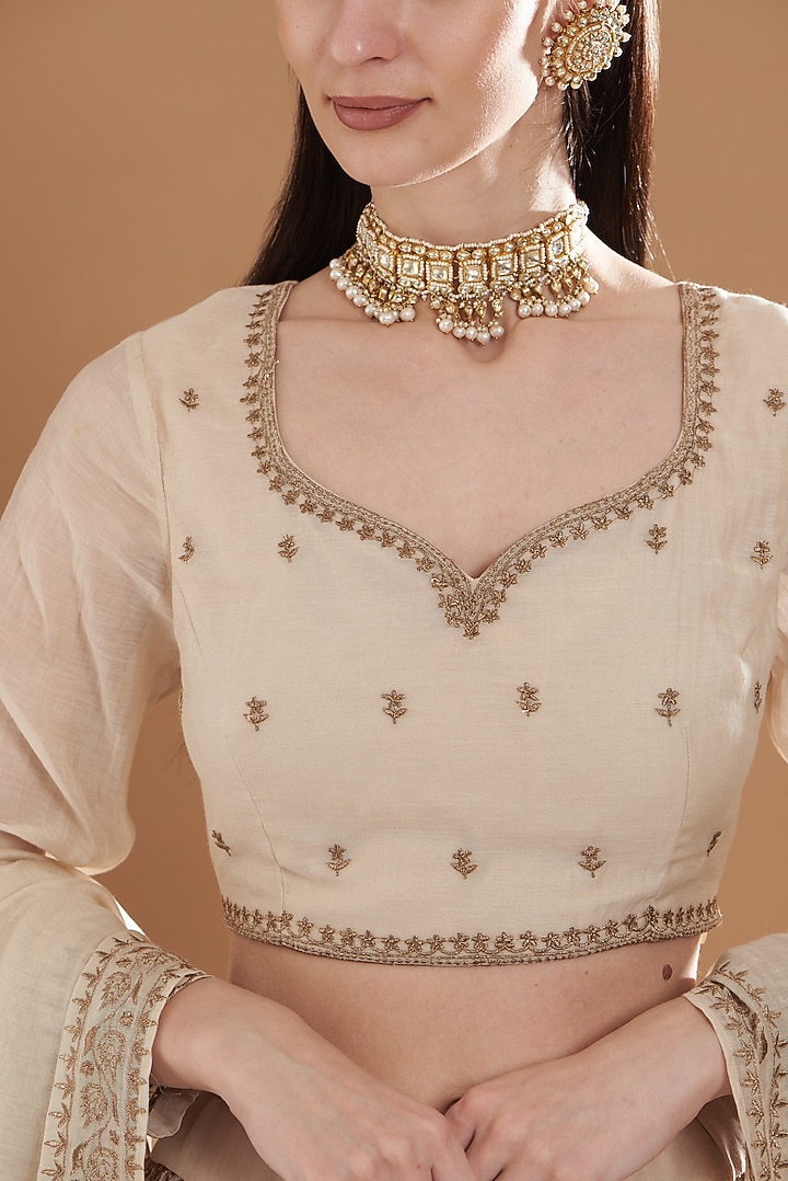 Beige Organza Silk Thread Embroidered Wedding Lehenga Set by Astha Narang at Pernia's Pop Up Shop