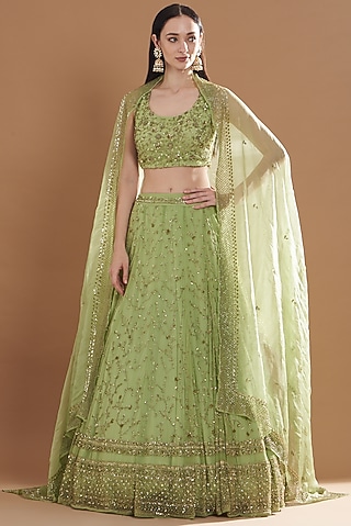 Mint Green Net & Crepe Jaal Embroidered Lehenga Set by Astha Narang