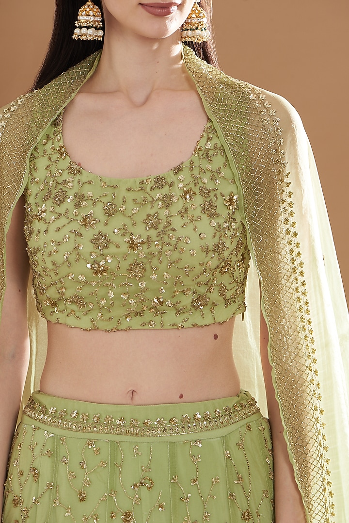 Mint Green Net & Crepe Jaal Embroidered Wedding Lehenga Set by Astha Narang at Pernia's Pop Up Shop