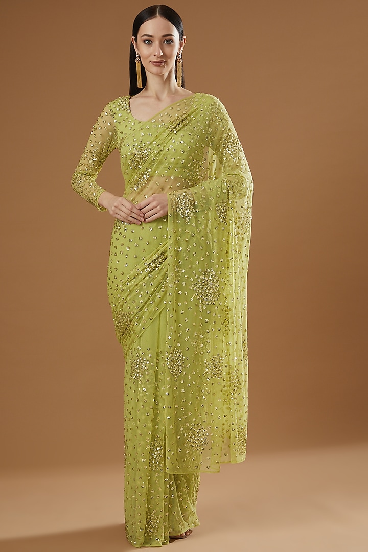 Sage Green Net & Crepe Saree Set by Astha Narang