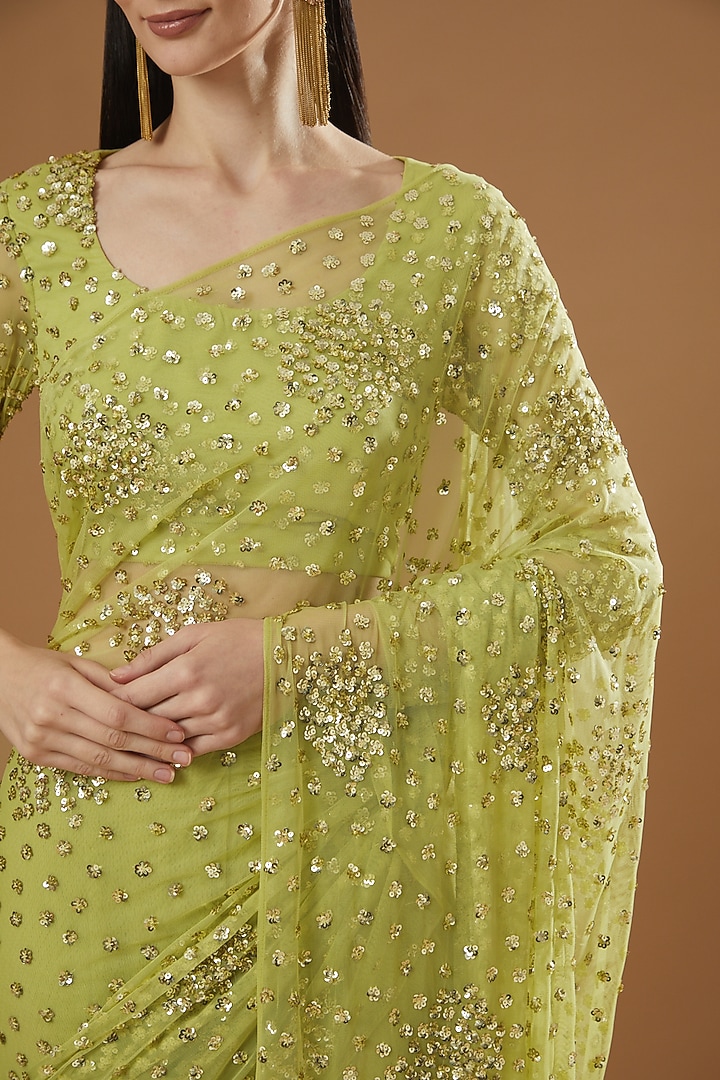 Sage Green Net & Crepe Wedding Saree Set by Astha Narang at Pernia's Pop Up Shop