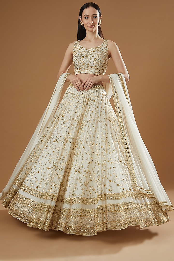 Off-White Net & Crepe Boota Embroidered Wedding Lehenga Set by Astha Narang at Pernia's Pop Up Shop