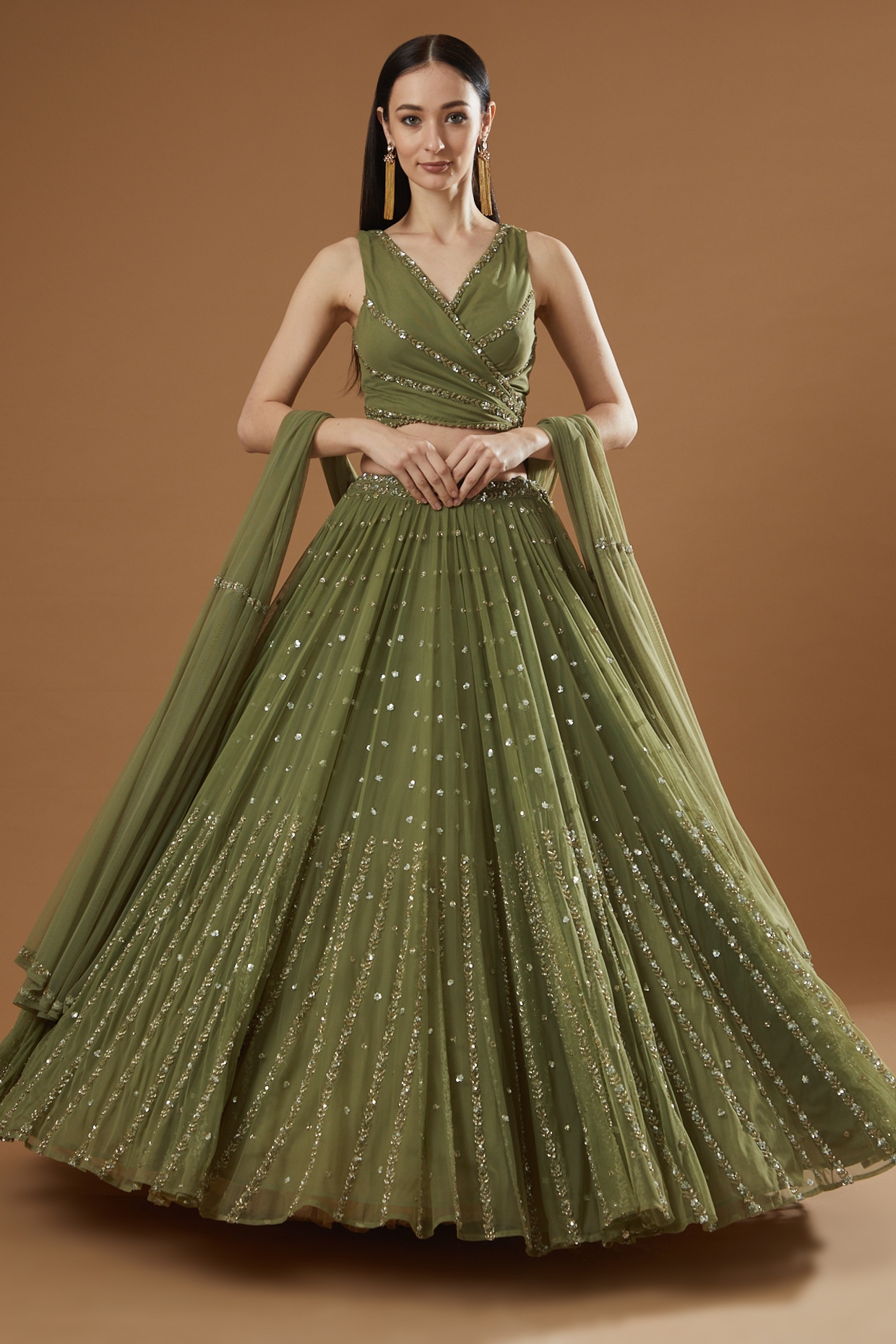Olive Green Organza Floral Embellished Lehenga Set - Payal & Zinal-  Fabilicious Fashion