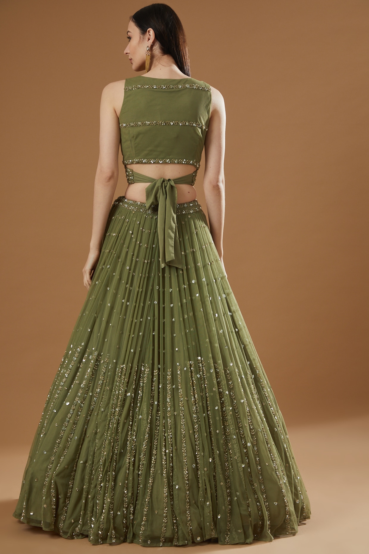 Olive Green Net & Crepe Flared Lehenga Set Design by Astha Narang at  Pernia's Pop Up Shop 2024