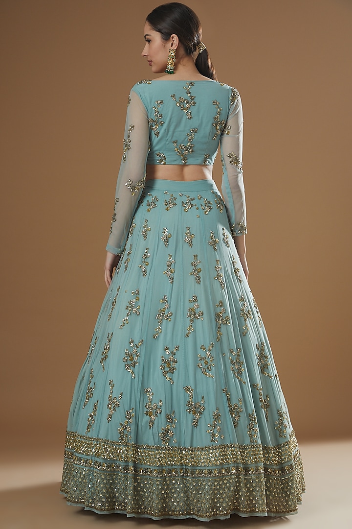 Sky Blue Net & Crepe Embroidered Wedding Lehenga Set by Astha Narang at Pernia's Pop Up Shop