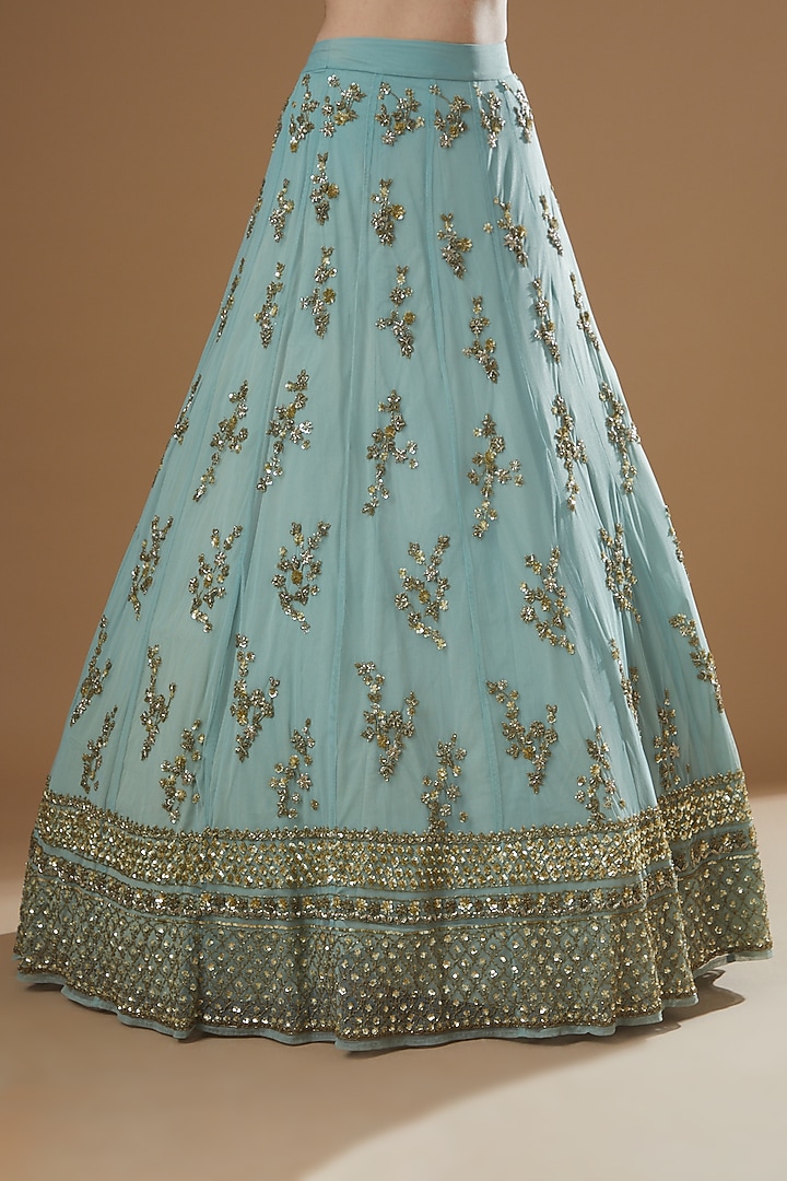 Sky Blue Net & Crepe Embroidered Wedding Lehenga Set by Astha Narang at Pernia's Pop Up Shop