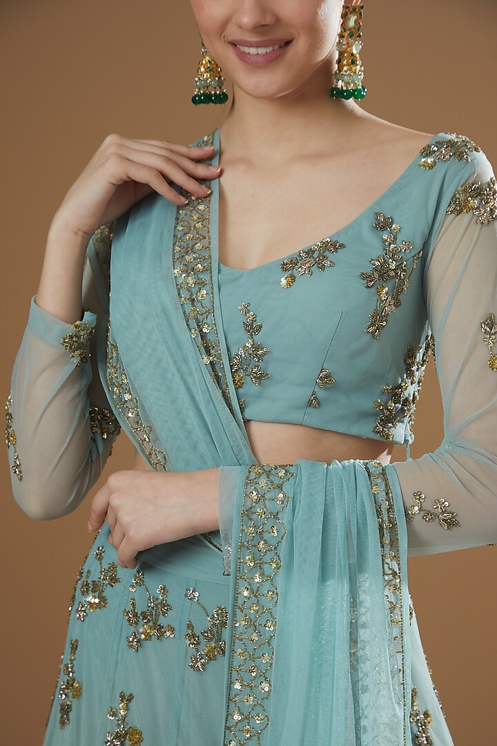 Sky Blue Net & Crepe Embroidered Wedding Lehenga Set by Astha Narang at Pernia's Pop Up Shop