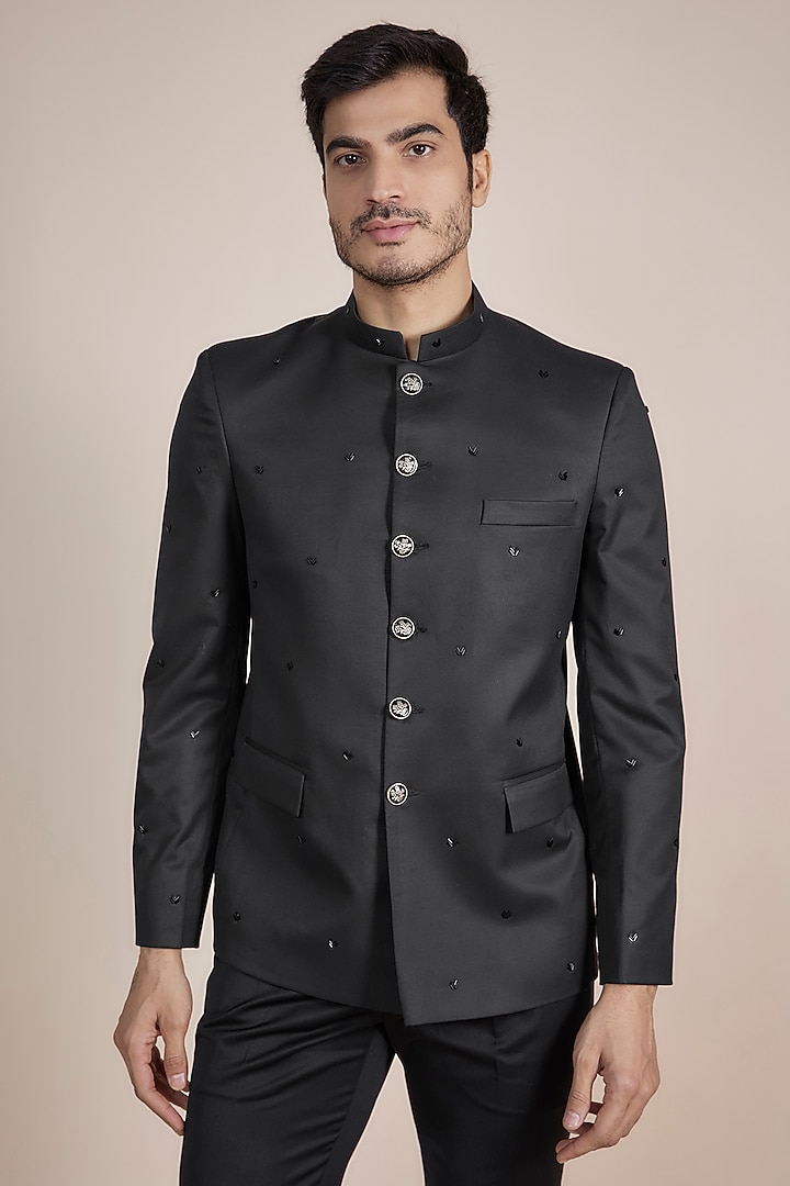 Black Suiting Hand Embroidered Jodhpuri Set by AASTHASHAH at Pernia's Pop Up Shop