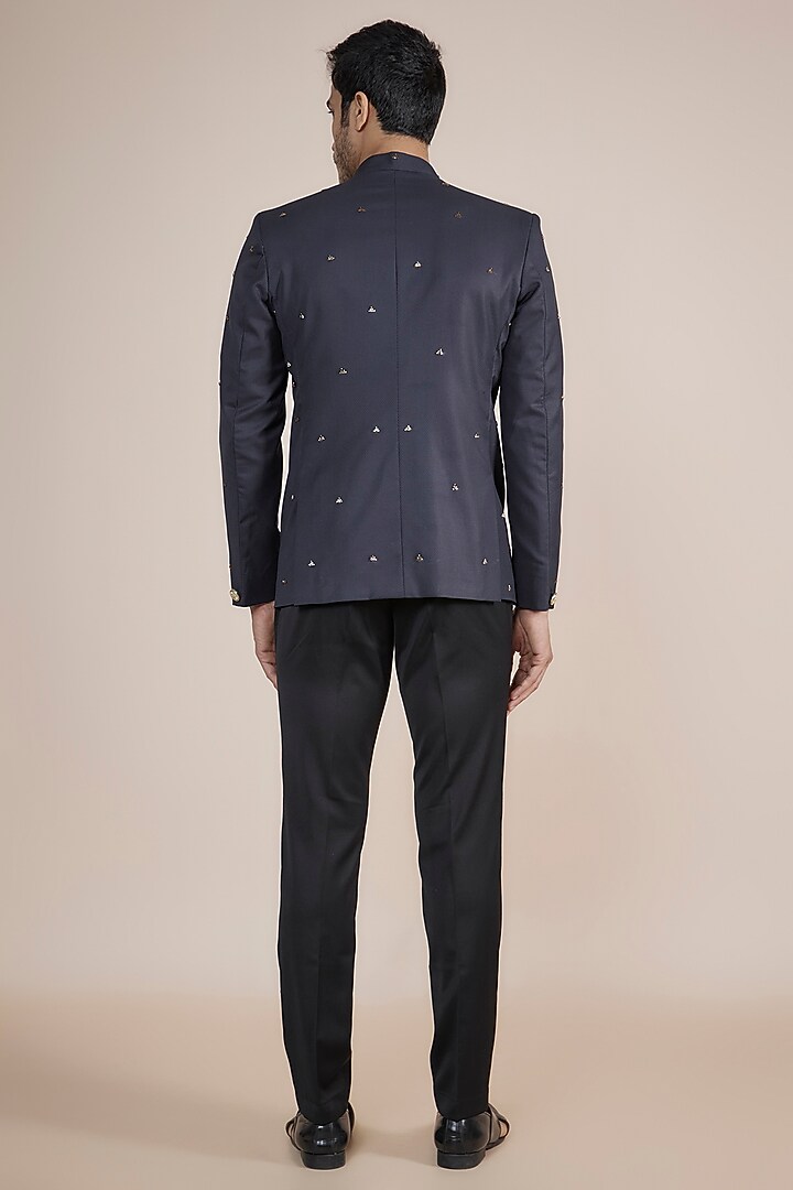 Blue Suiting Hand Embroidered Jodhpuri Set by AASTHASHAH at Pernia's Pop Up Shop